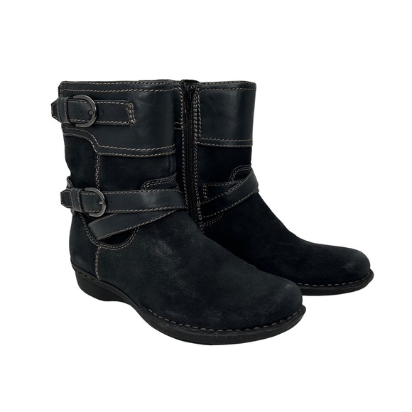 Clarks Shoes - Clarks Artisan Black Suede Leather Moto Boots Buckle MidCalf Side Zip Womens 7.5